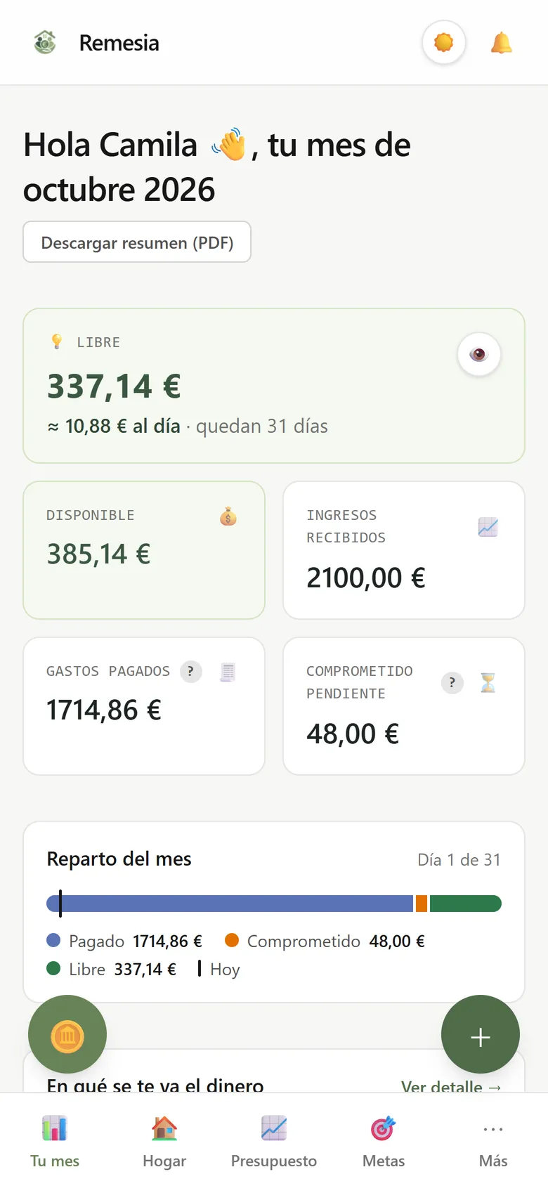 Pantalla Tu mes de Remesia: dinero libre, cuánto gastar al día, ingresos, gastos pagados y comprometidos